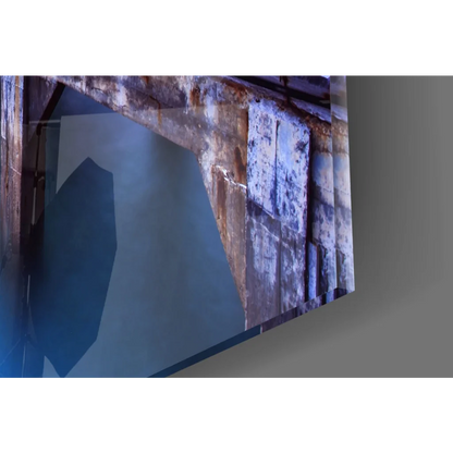 Weathered rust-streaked concrete wall art print in faded blue tones