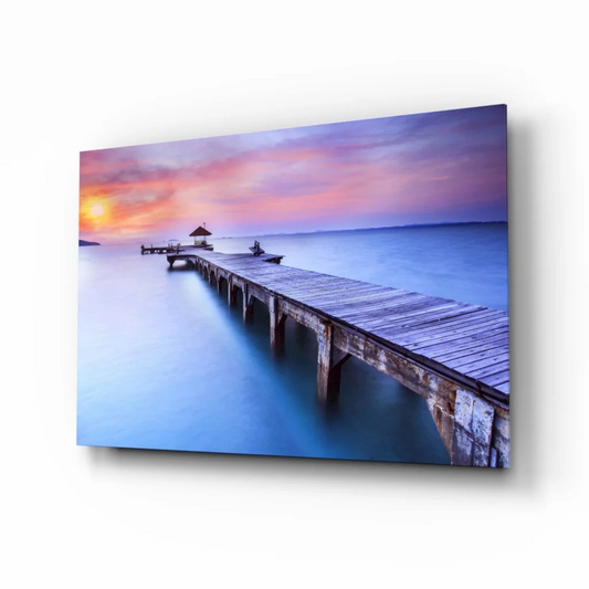 Serene sunset pier canvas wall art with vibrant orange pink purple sky
