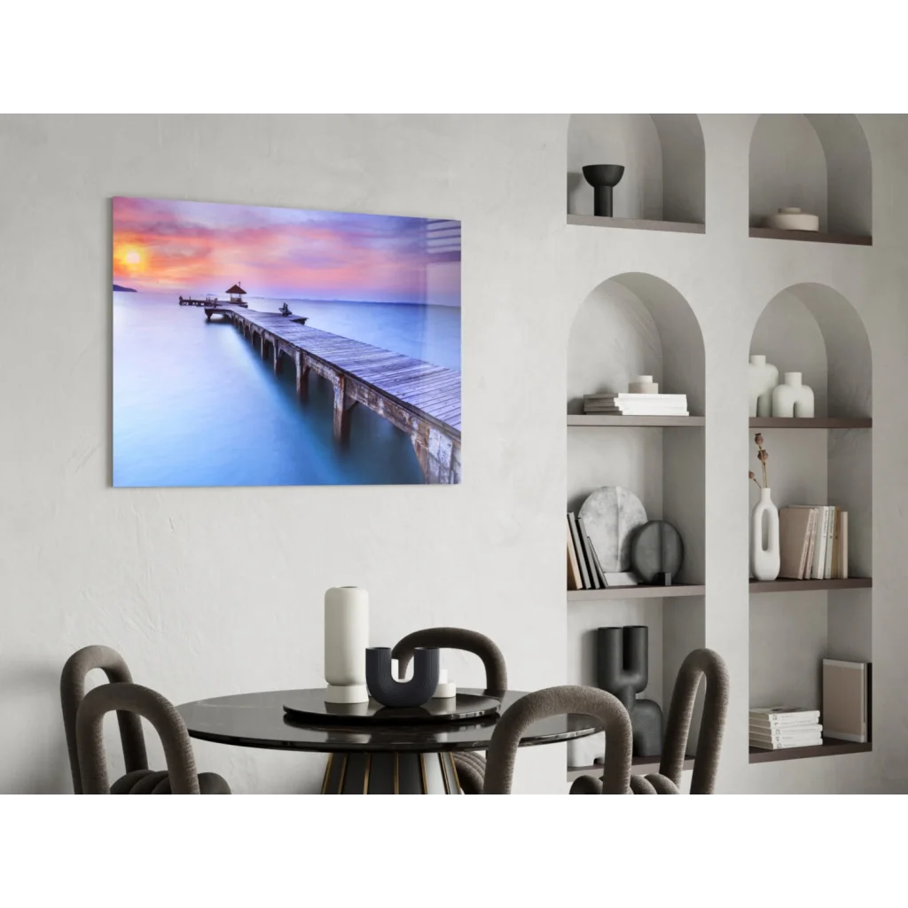 Serene sunset over wooden pier canvas wall art in pink orange hues