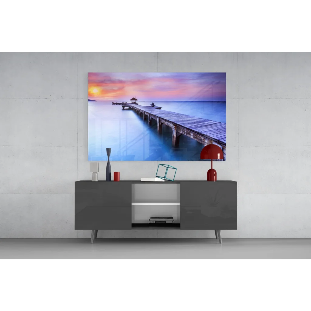 Vibrant sunset pier on canvas wall art with colorful sky