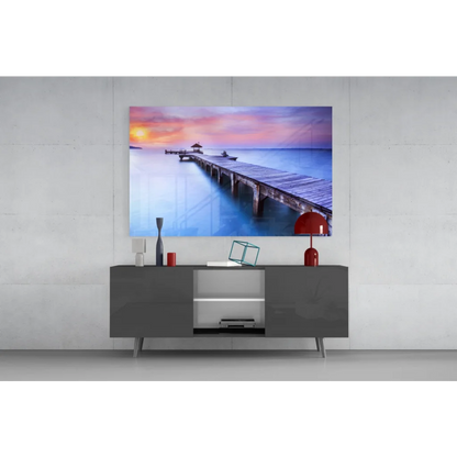 Vibrant sunset pier on canvas wall art with colorful sky