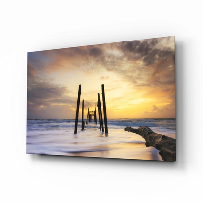 Stunning sunset pier with ocean waves glass wall art print