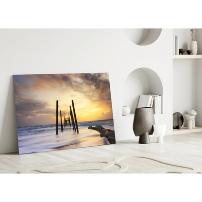 Vibrant sunset pier ocean waves glass wall art canvas print