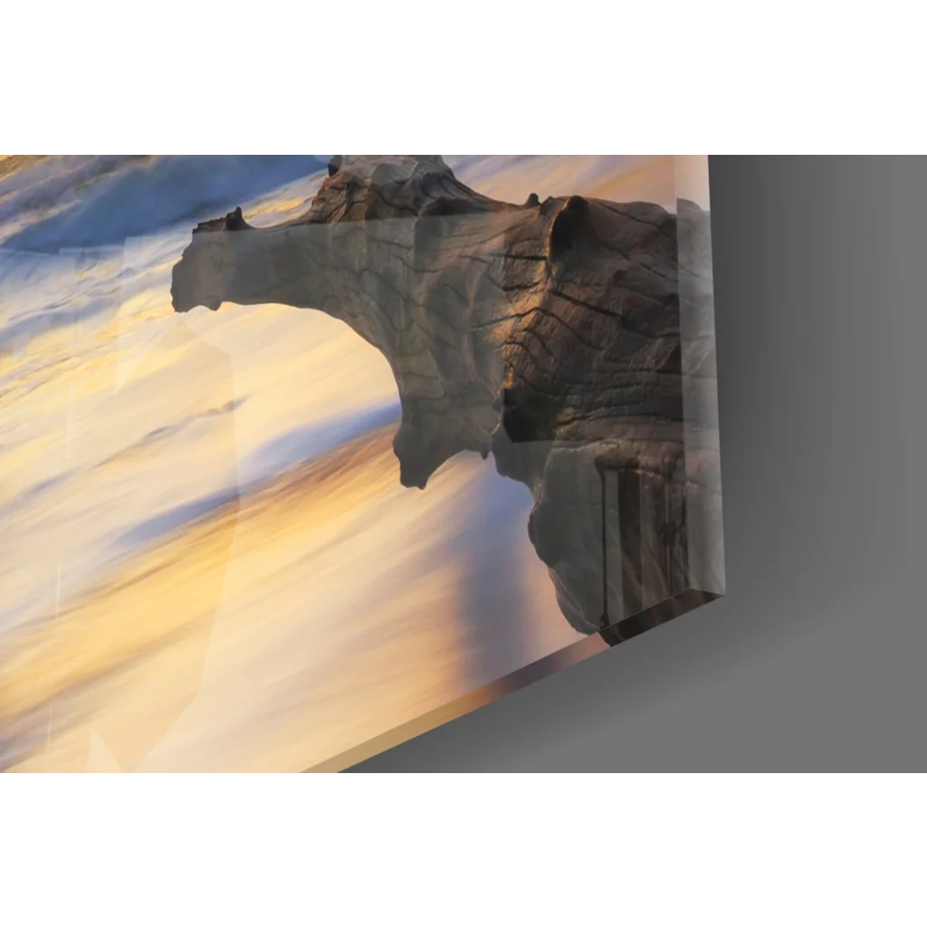 Light gray stone horse statue with flowing mane in sunset pier ocean waves glass wall art