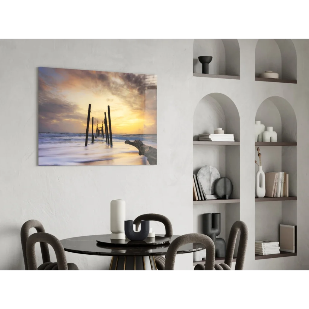 Vibrant sunset pier ocean waves glass wall art canvas print