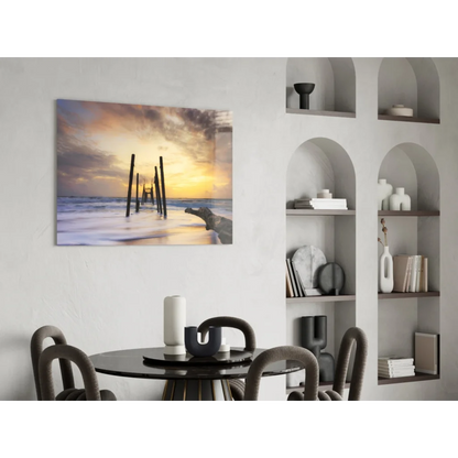 Vibrant sunset pier ocean waves glass wall art canvas print