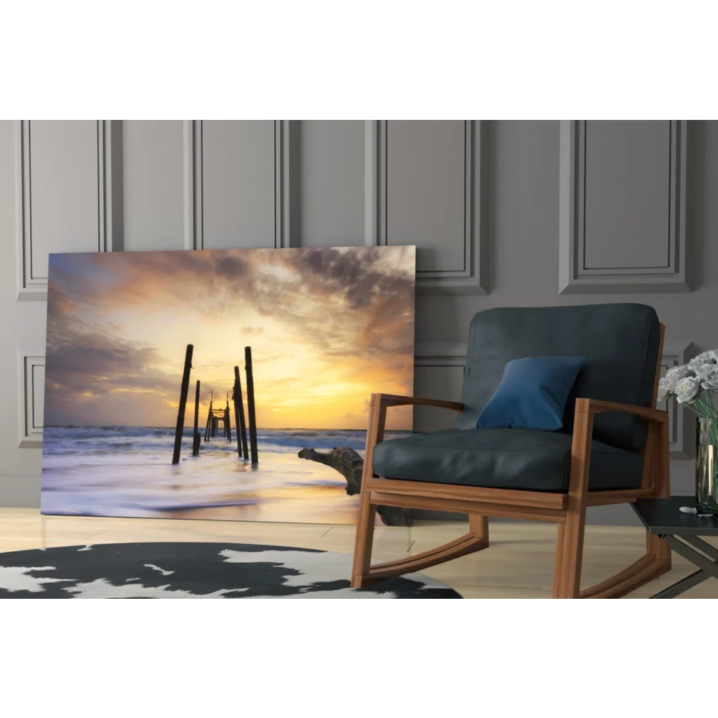 Stunning sunset pier ocean waves glass wall art canvas print