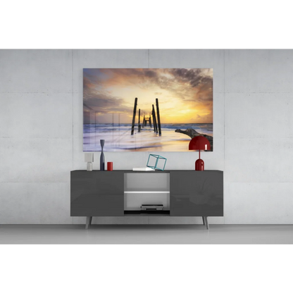 Modern gray sideboard with sleek silver accents and glass wall art doors