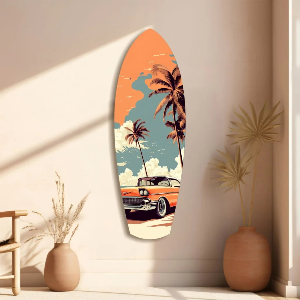 Vibrant retro car and palm trees on orange surfboard tempered glass art