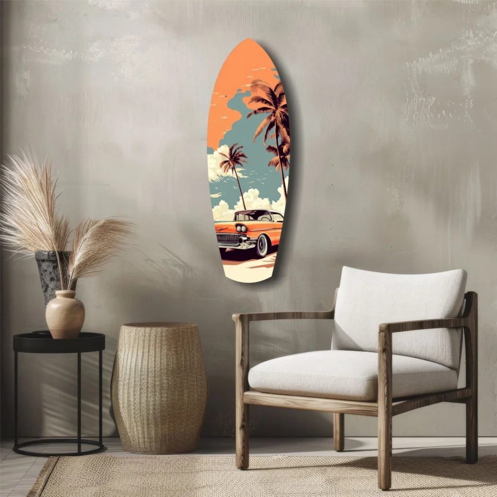 Vintage surf vibes tempered glass art with retro car, palm trees, ocean backdrop