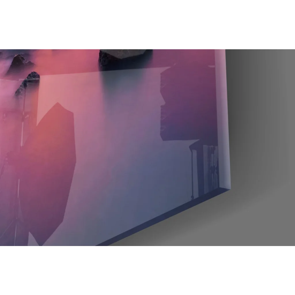 Stunning sunset seascape glass wall art with abstract geometric gradients