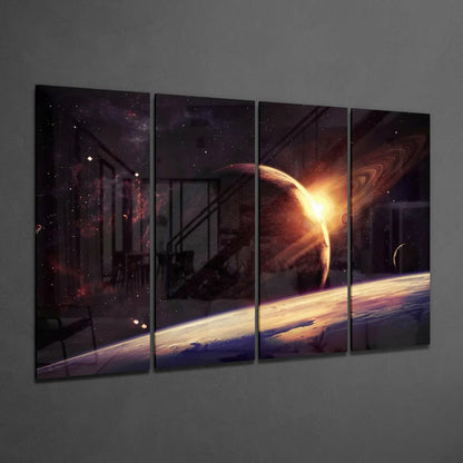Four-panel glowing planet wall art canvas print set with starry cosmic backgrounds