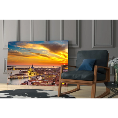 Vibrant Venice sunset glass wall art print with golden skies