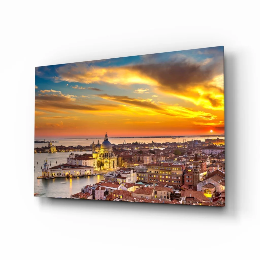 Vibrant Venice sunset on sleek glass wall art print