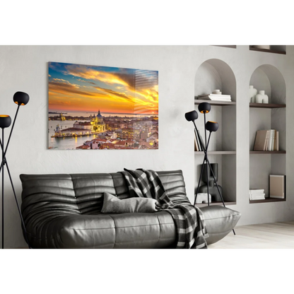 Vibrant sunset glass wall art print on white wall
