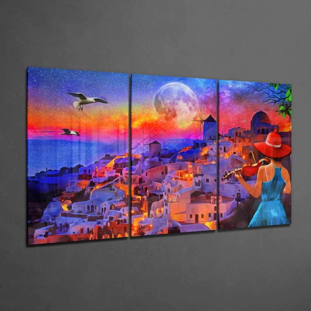 Vibrant Sunset Violin Triptych Glass Wall Art with Greek Village Scene