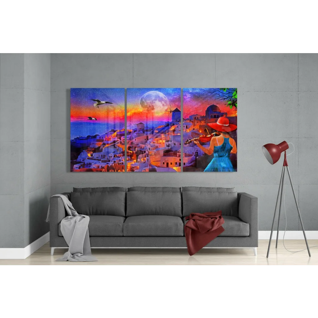 Vibrant glass wall art triptych of violinist in sunset Greek village