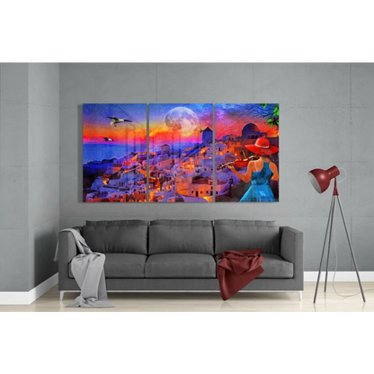 Vibrant glass wall art triptych of violinist in sunset Greek village