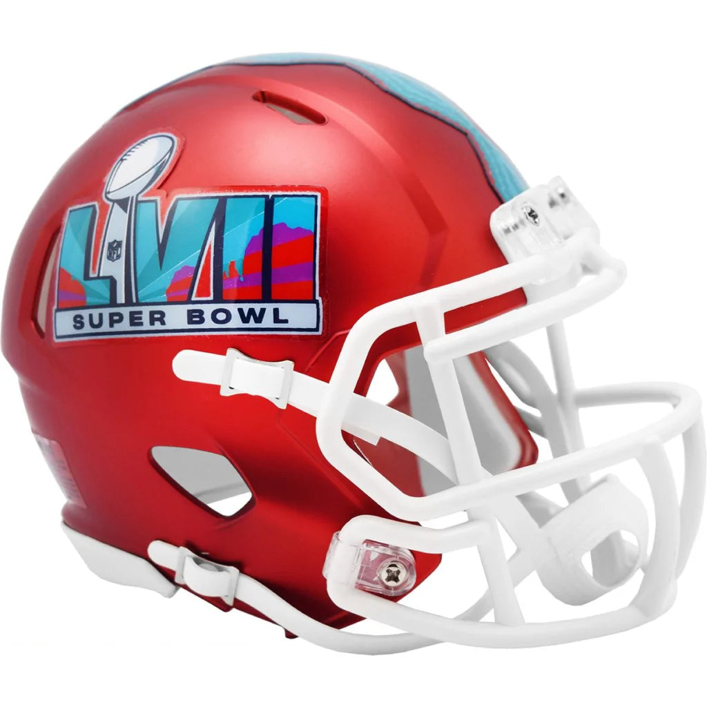 Red metallic Super Bowl LVII speed mini helmet with white face mask