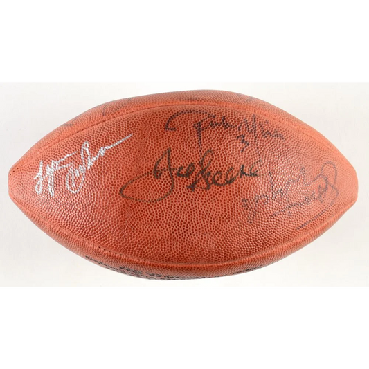 Autographed Super Bowl XXIX Logo Football signed by NFL legends in display case