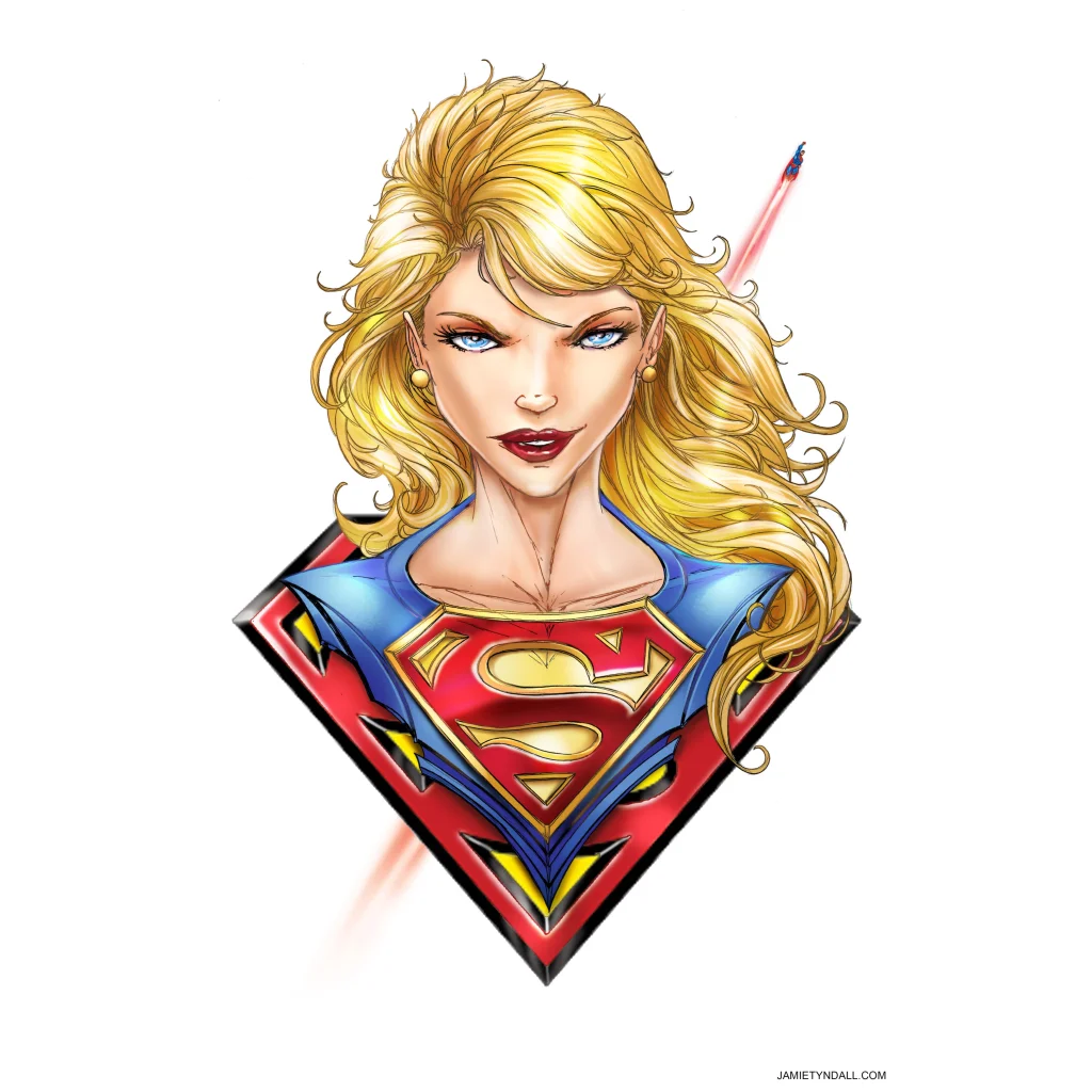 Stylized Supergirl art print on brushed aluminum, ready to hang