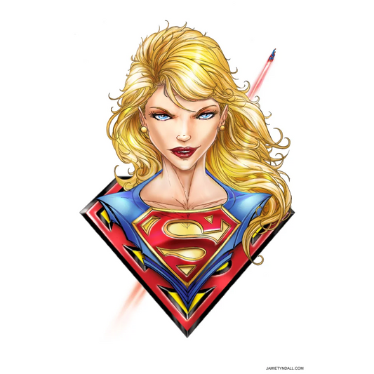 Stylized Supergirl art print on brushed aluminum, ready to hang
