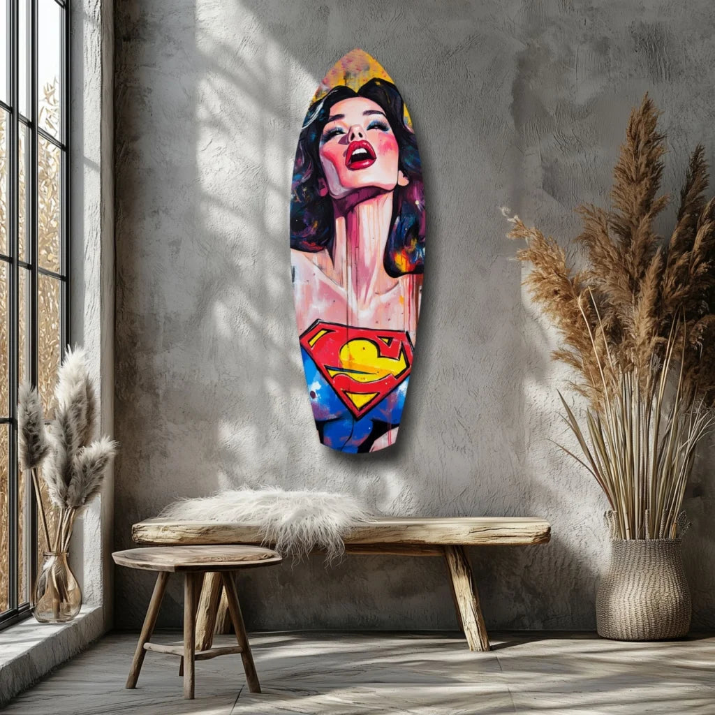 Vibrant colors tempered glass Superman pop art surfboard decor