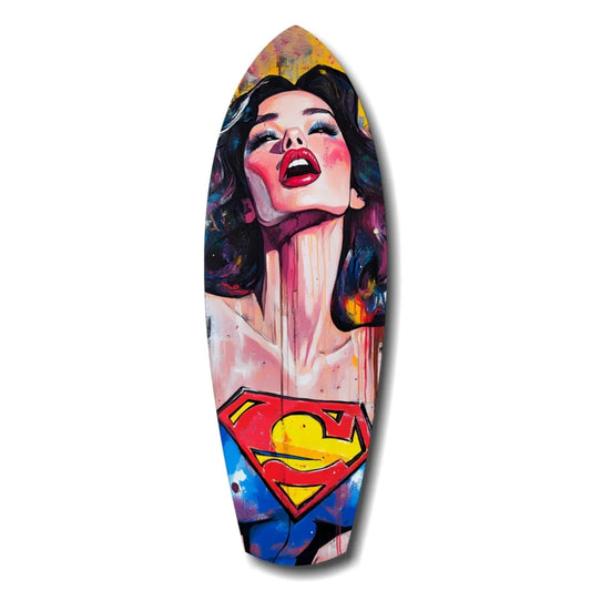 Vibrant Wonder Woman pop art on tempered glass surfboard decor