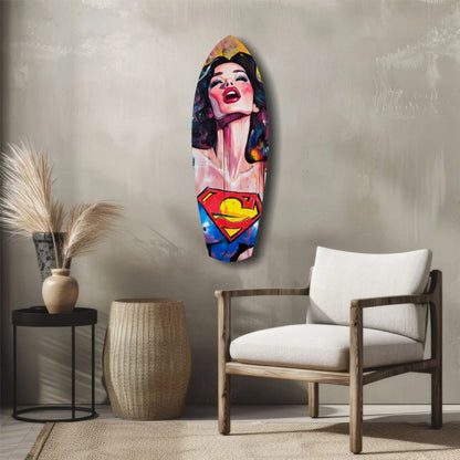 Vibrant Wonder Woman tempered glass art surfboard in pop art style