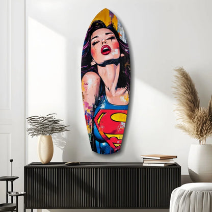 Vibrant pop art tempered glass superhero woman surfboard wall art