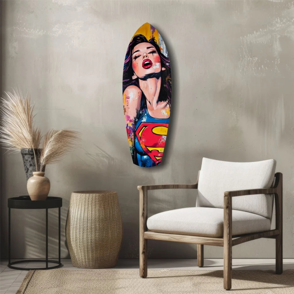 Vibrant pop art Superman on tempered glass wall art