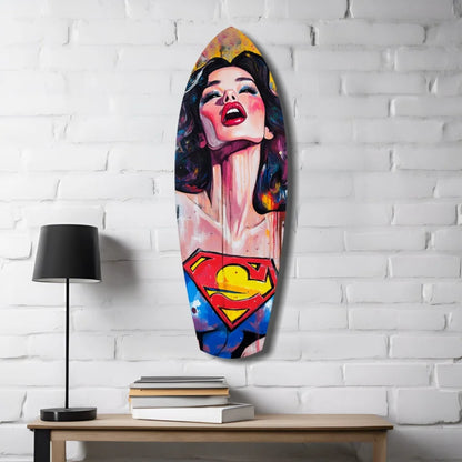 Vibrant Superman pop art tempered glass surfboard with Wonder Woman