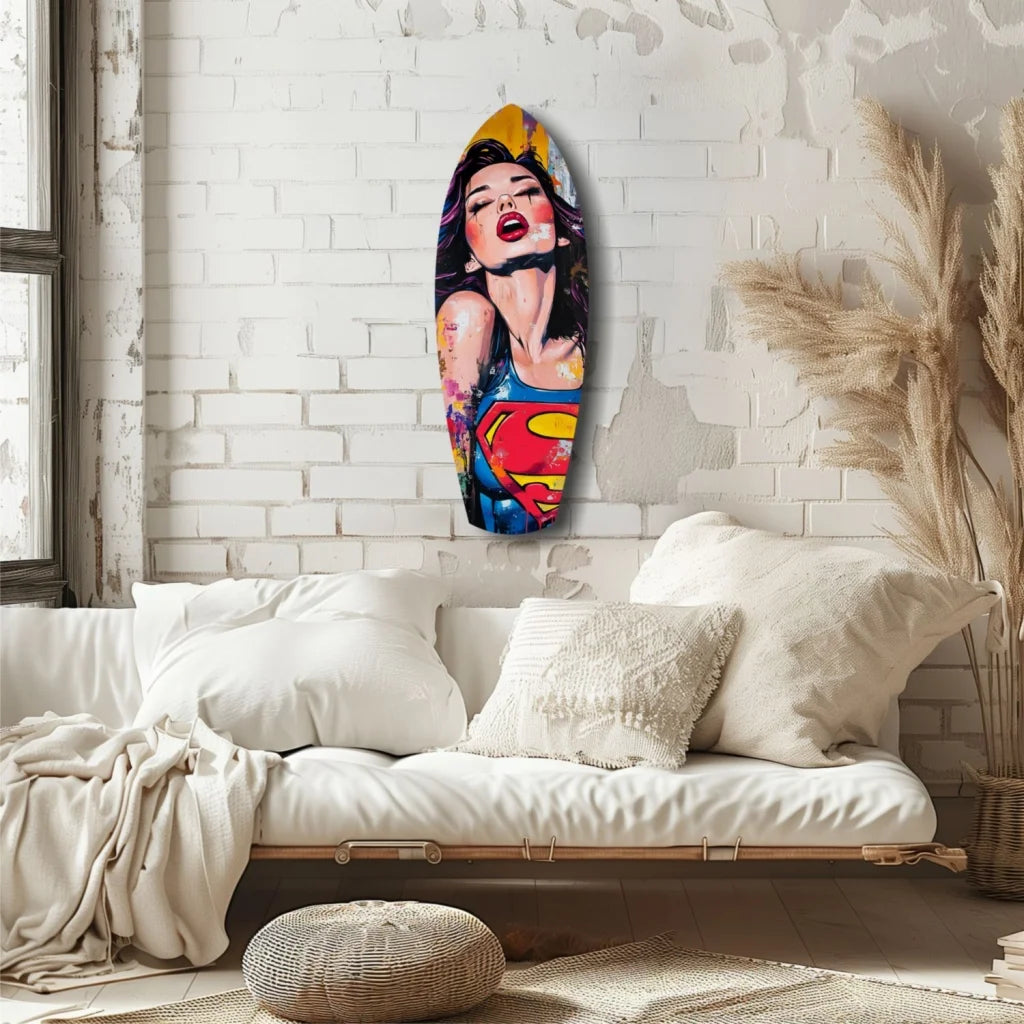 Vibrant pop art superhero tempered glass wall art with woman in Superman costume