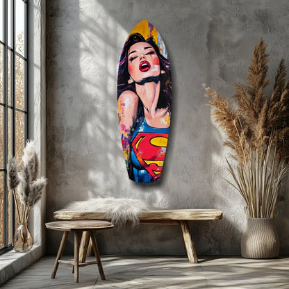 Vibrant pop art superhero tempered glass wall art with graffiti surfboard woman