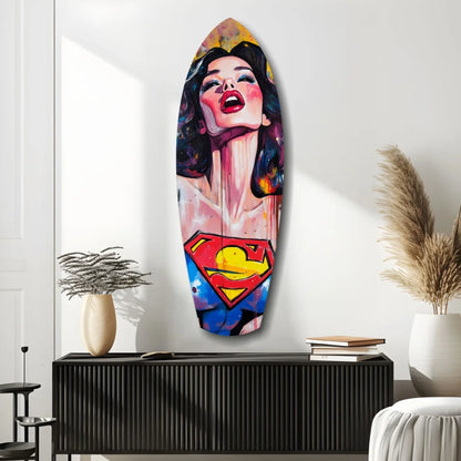 Vibrant colors Superman pop art tempered glass surfboard decor with stylized woman