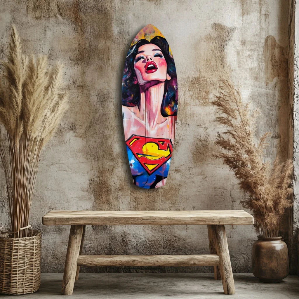 Vibrant colors tempered glass Superman pop art surfboard decor with stylized woman