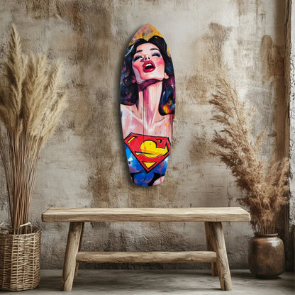Vibrant colors tempered glass Superman pop art surfboard decor with stylized woman
