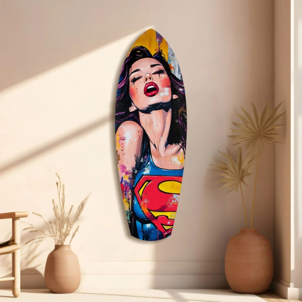 Vibrant pop art Wonder Woman tempered glass art surfboard wall decor