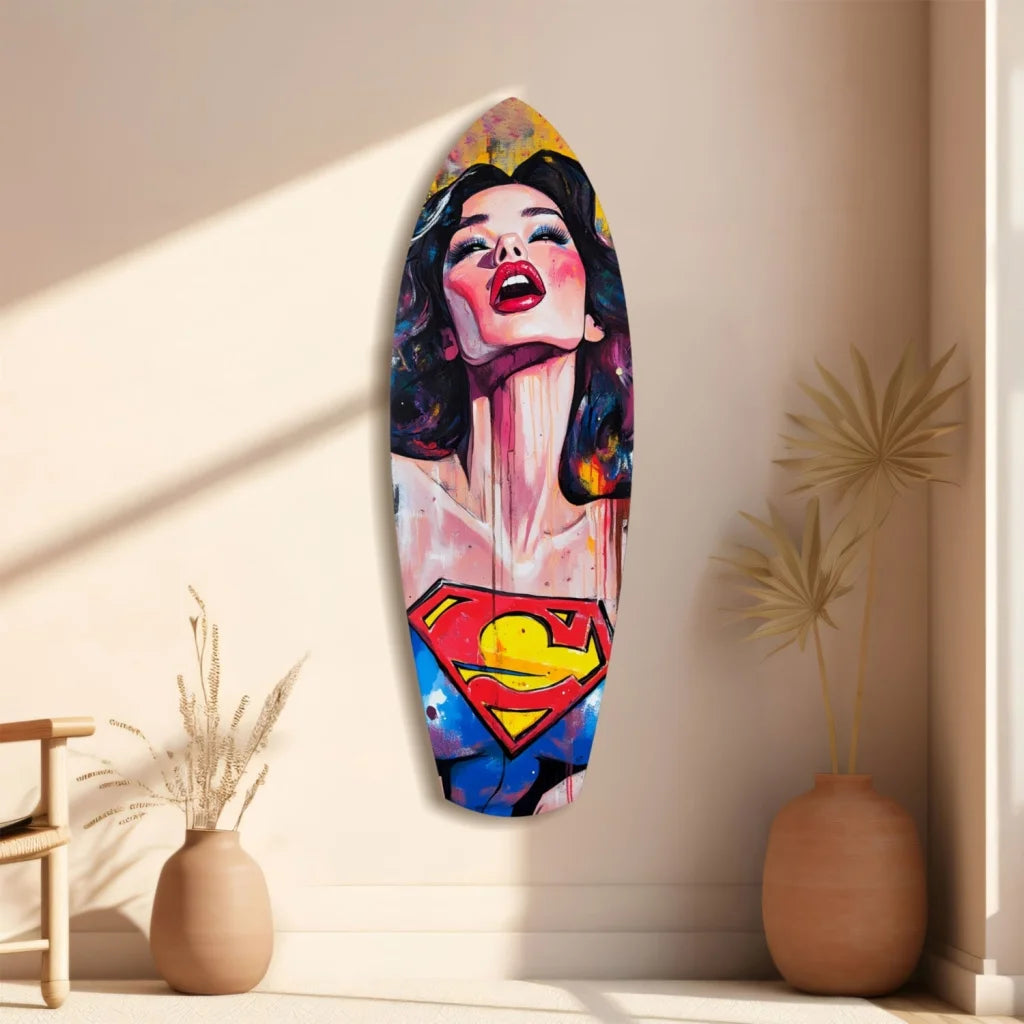 Vibrant colors tempered glass Superman pop art surfboard decor with female face