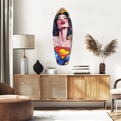 Vibrant colors Superman pop art tempered glass surfboard decor with bold woman