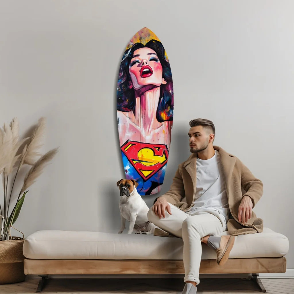 Vibrant Superman pop art tempered glass surfboard with bold red lips woman