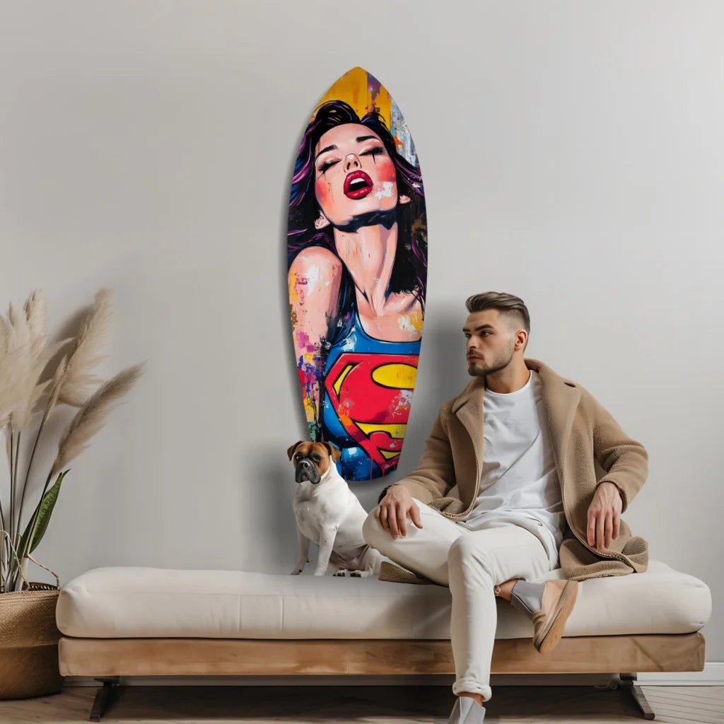 Vibrant pop art Wonder Woman on tempered glass wall art
