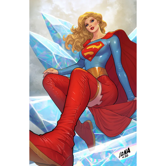 Superwoman in blue and red suit with gold accents sits atop glowing crystals in supergirl woman of tomorrow 1 david nakayama exclusive variant