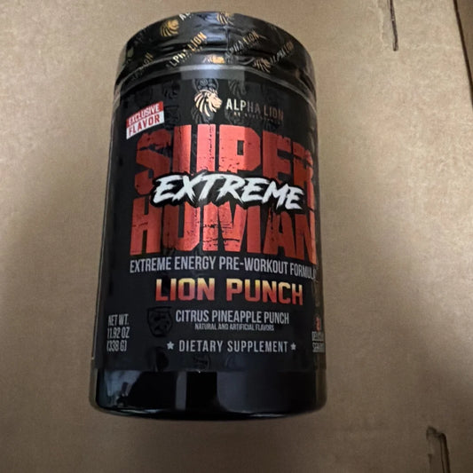 Black Superhuman Extreme Lion Punch pre-workout powder container