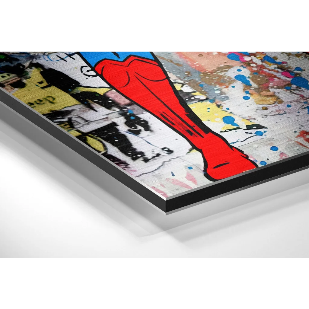 Glass Wall Art Vibrant graffiti superhero legs on brushed aluminium dibond canvas art