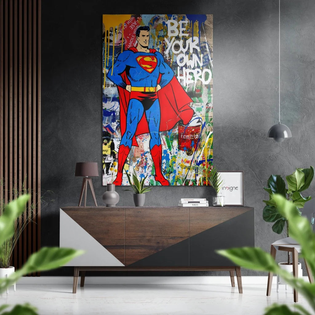 Vibrant graffiti Superman on brushed aluminium dibond canvas art
