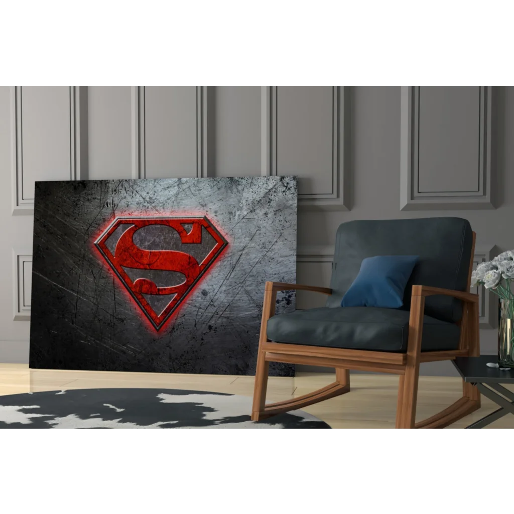 Bold red Superman logo on distressed dark gray metal wall art canvas print