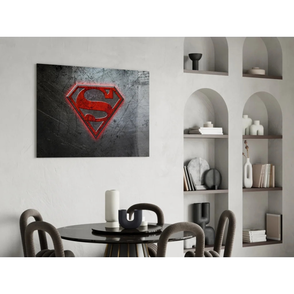 Bold red Superman logo on distressed dark gray canvas wall art