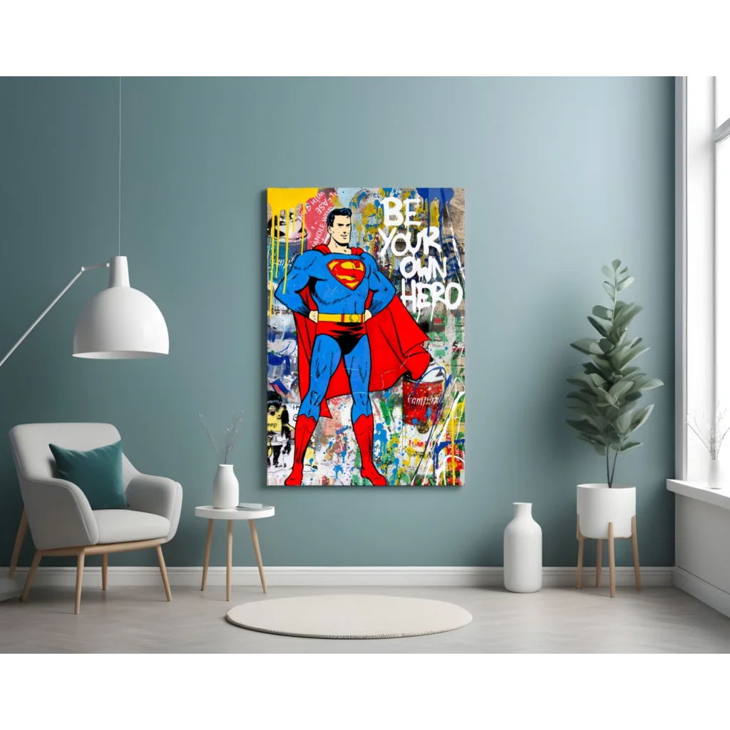 Vibrant Superman graffiti canvas wall art in bold blue red colors