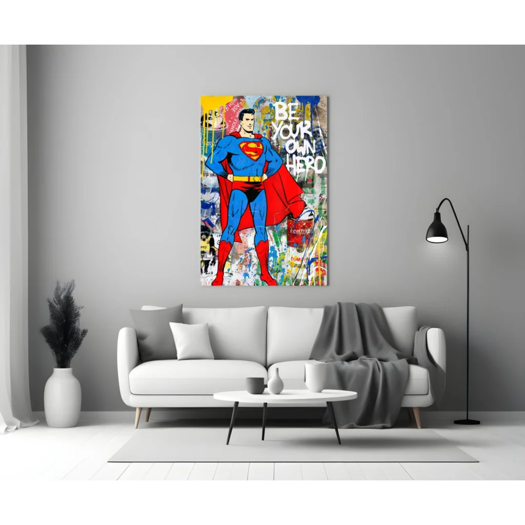 Vibrant Superman graffiti canvas wall art in bold blue, red, yellow S emblem on gray wall